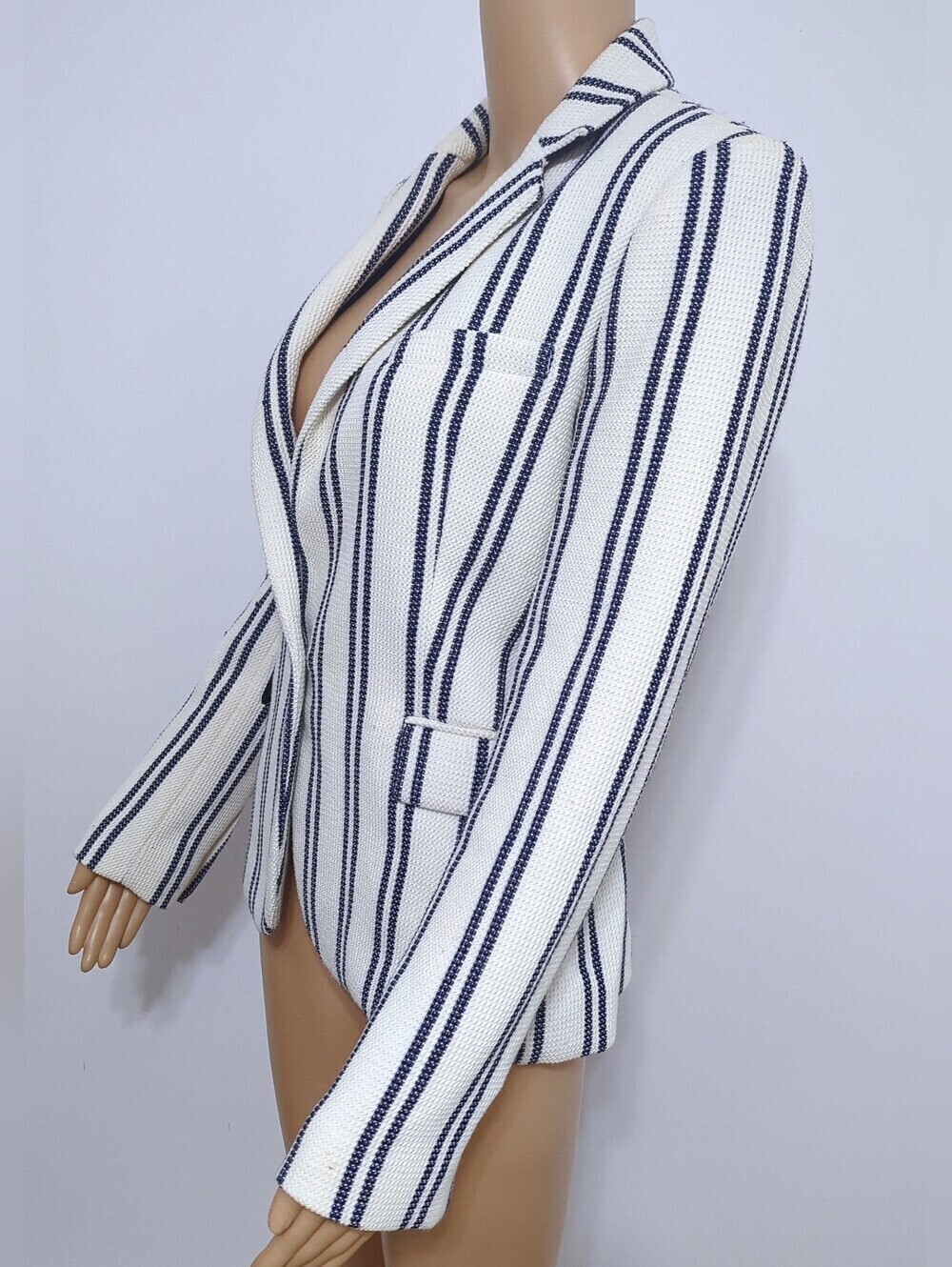 Zara Textured Knit Striped Blazer XS Ivory Navy Gold Button Nautical Preppy - Picture 4 of 12
